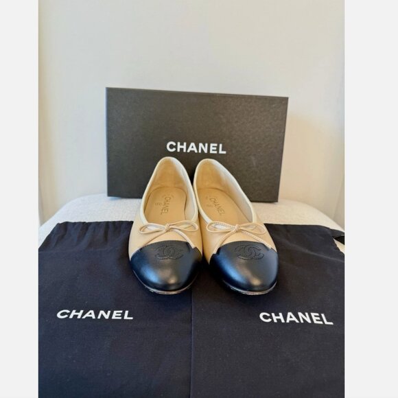 CHANEL Lambskin Beige/Black Classic Ballet Flats shoes Size 38.5 - Picture 7 of 17